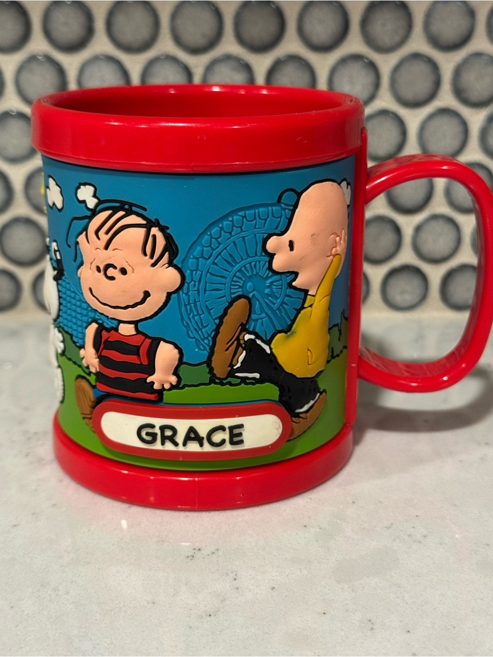 Vintage Peanuts Charlie Brown Character Red Plastic 3D Kids Girl Name Mug Grace